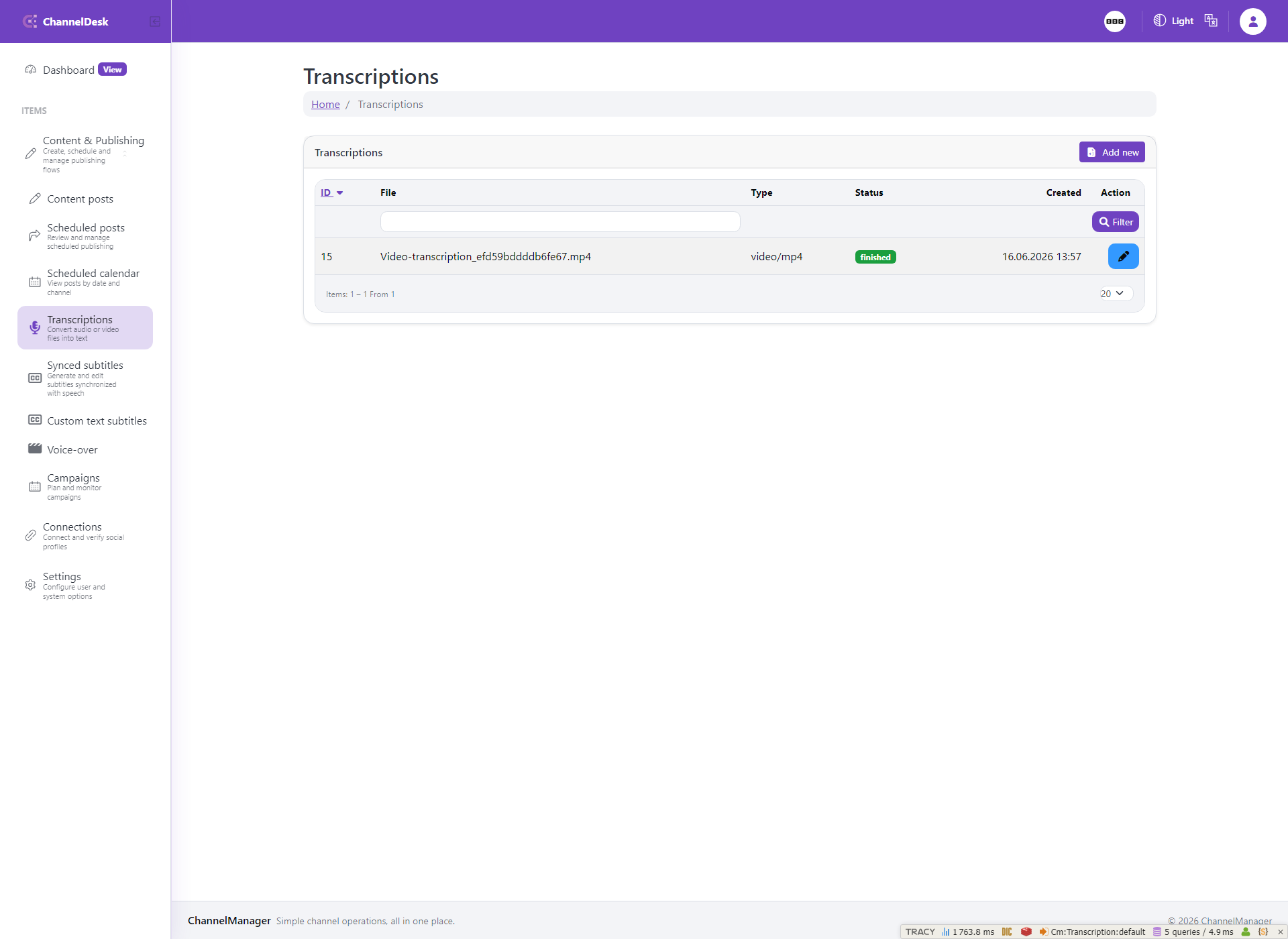 Transcriptions screen