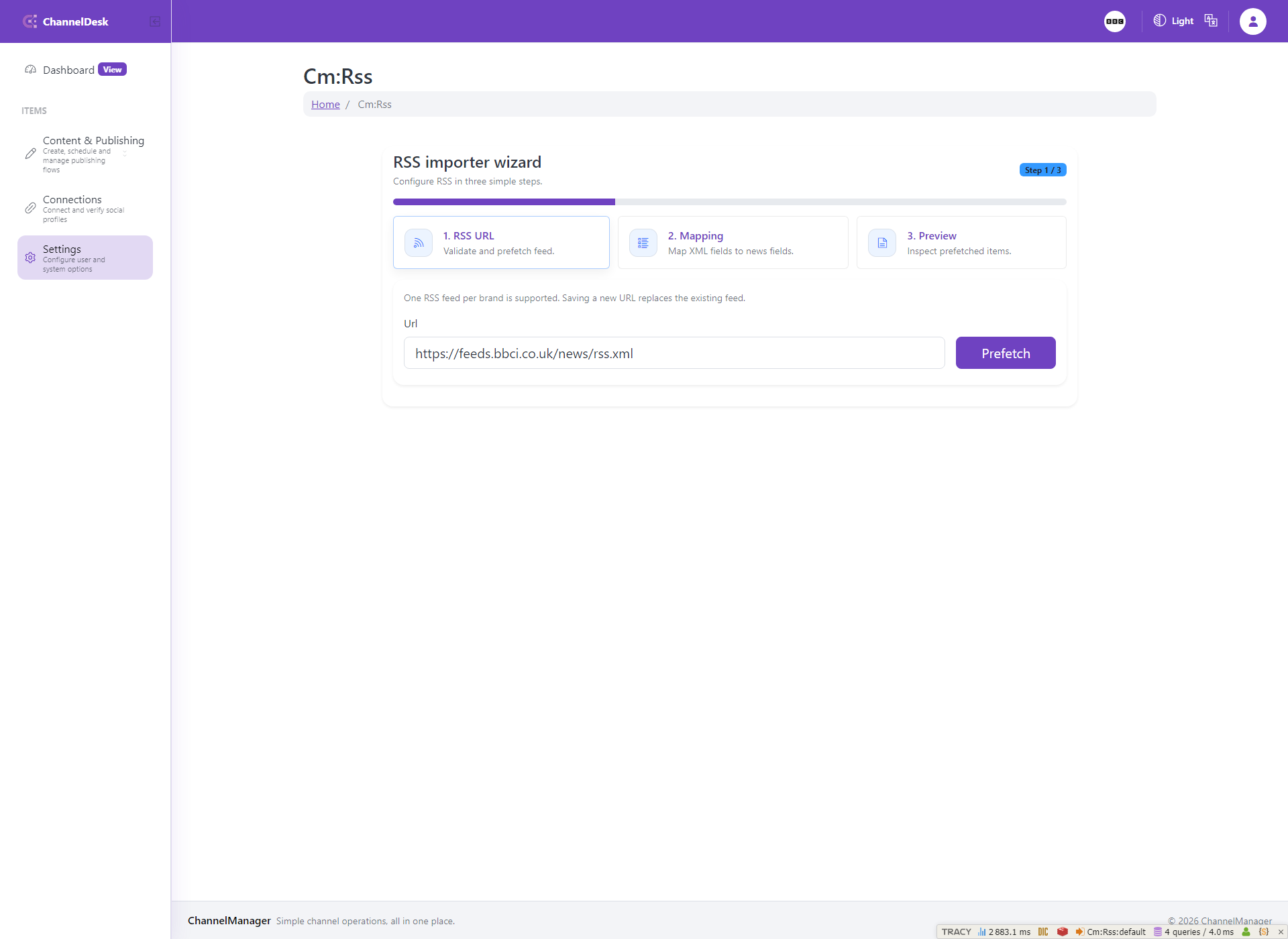 RSS importer screen