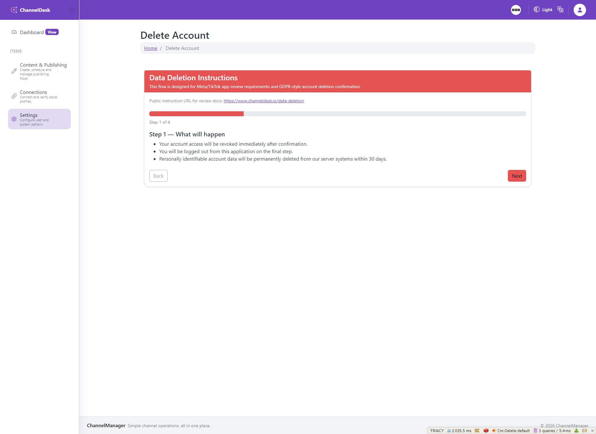 Settings: Delete account screen