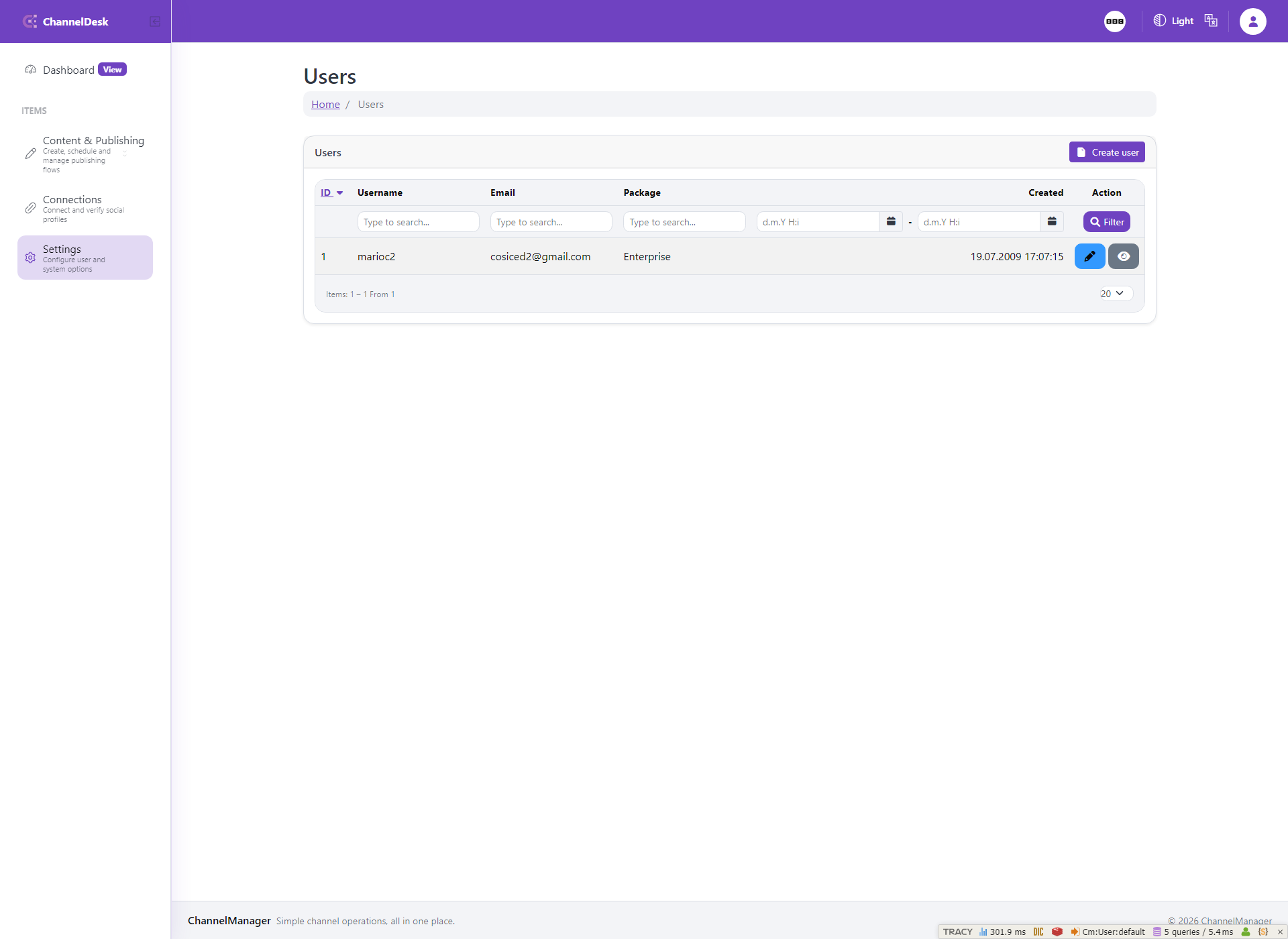 Settings: User screen